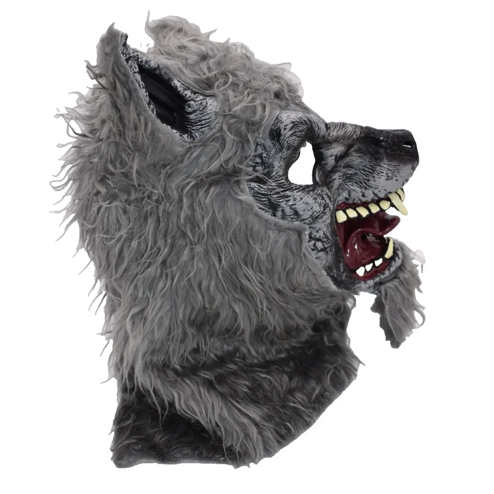 WEREWOLF Gray Wolf Dog Snarling Open Mouth Adult Mask Faux Fur Halloween Horror